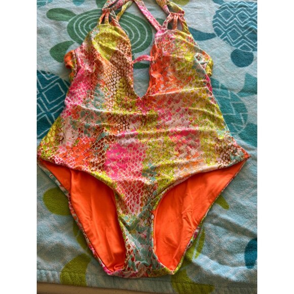 Becca Multicolor Snake Print One-Piece Swimsuit Strappy Back Size S/P - Picture 1 of 8